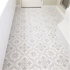 a white door sitting next to a window in a bathroom on top of a tile floor