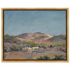 an oil painting of trees and hills in the distance with blue sky above it, framed on