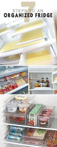 an open refrigerator with food in it and the words, steps to an organized fridge