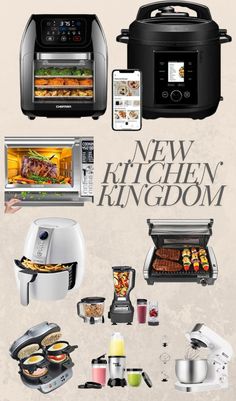 an advertisement for the new kitchen kingdom with various appliances and food items in front of it