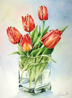 a painting of red tulips in a glass vase