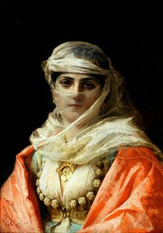 a painting of a woman wearing a white veil and orange dress with gold trim around her neck