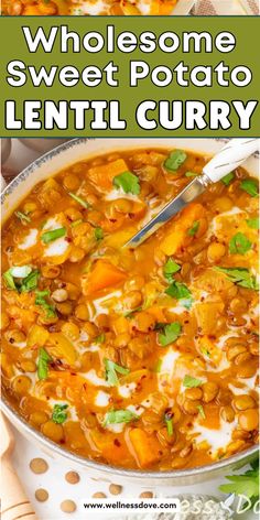 a bowl filled with lentil curry and topped with fresh parsley on the side