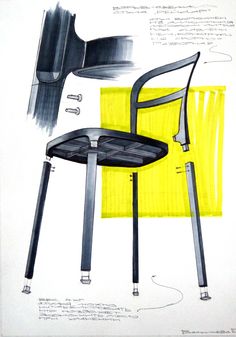 a drawing of a chair next to a yellow and black piece of paper with writing on it