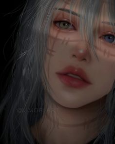 a digital painting of a woman's face with long gray hair and blue eyes