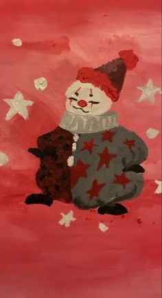 an acrylic painting of a snowman holding a teddy bear on a red background