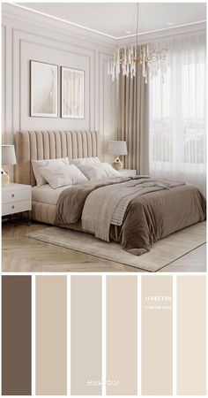 a bedroom with white walls and neutral colors in the color scheme, including beiges