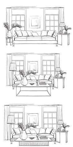 three different views of a living room