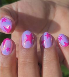 Hot Pink Easter Nails, Bright Nail Ideas Summer, Fun Pink Summer Nails, Nail Inspo With Glitter, Pink And Blue Nails Short, P!nk Nails, Short Hot Pink Nails With Design, Hot Pink And Purple Nails, Bright Summer Nails Short