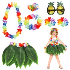 PRICES MAY VARY. Coloch Hawaiian Leaf Skirt Set contains a pair of pineapple sunglasses, a green skirt of 38cm long, a hibiscus headband, a hibiscus hair clip, a hibiscus necklace, two hibiscus wristbands, suitable for luau party. Classy Material: The Hawaiian grass skirt set is made of premium PP and polyester fabric cloth, high-quality and reusable. The material is soft and comfortable so that you will not be uneasy when wearing it. Elastic String: The green leaf skirt, the necklace, hairband Hibiscus Decorations, Hibiscus Hair Clip, Luau Costume, Hawaiian Grass Skirt, Hibiscus Necklace, Hibiscus Hair, Tropical Elements, Hawaiian Leaf, Hawaiian Party Theme