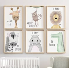 four children's nursery wall art prints with animals