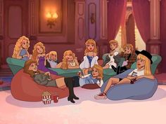 some cartoon characters sitting on couches in a room