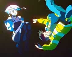 two anime characters are flying through the air