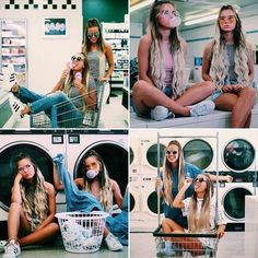 four pictures of women sitting in front of washers and washing machines with their faces painted