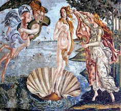 an artistic painting on the side of a building with three women and two seashells