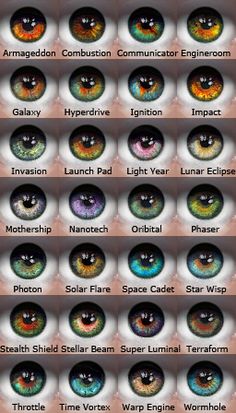 an image of different colored eyes with the names in each eyeball and their corresponding colors