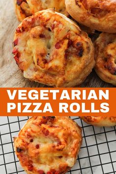 several small pizzas sitting on top of a cooling rack with the words vegetarian pizza scrolls above them