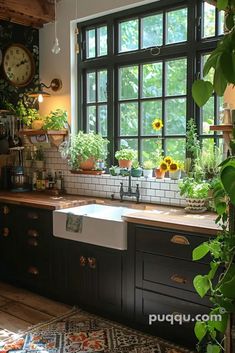 a kitchen with sunflowers and potted plants in the window sill,