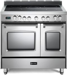 an oven with four burners and two doors on the front, in stainless steel