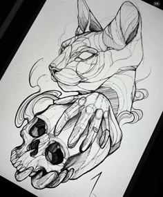 a drawing of a cat with a skull on it's face and hands in the background