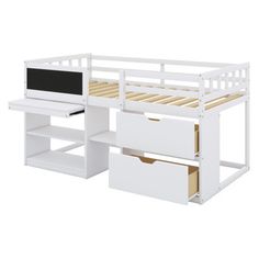 a white bunk bed with two drawers and a computer desk on top of the bed