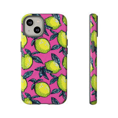 a pink phone case with lemons and leaves on the back, both printed in bright colors