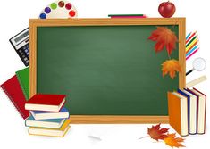 an empty chalkboard surrounded by books and fall leaves