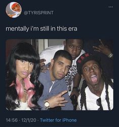 a group of people standing next to each other in front of a cell phone with the caption mentally i'm still in this era