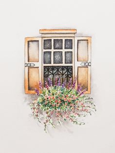 a watercolor painting of a window with flowers in it