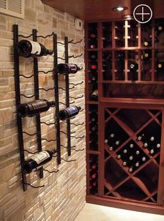 a wine rack in the corner of a room