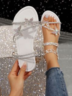 Multicolor Rhinestone Bowknot Multiple Straps Women Slide Sandals, Can Be Worn Inside Or Outside, French Fashion Silver Slippers For Summer/Autumn White Glamorous    Animal,Plain    Women Shoes, size features are:Bust: ,Length: ,Sleeve Length: Fall Slippers, Silver Slippers, Rhinestone Slides, Women Flat Sandals, Style Français, Open Toe Slippers, Women Slides, Rhinestone Bow, Womens Sandals Flat