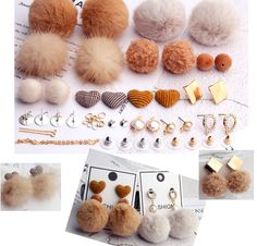 several different types of pom poms and earring clips on top of each other