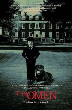 a movie poster with a man standing next to a dog on the ground in front of a house