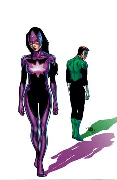 an image of two superheros standing next to each other in purple and green colors