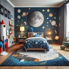 a child's bedroom decorated in space themed decor