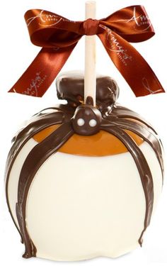 a chocolate covered apple with a bow on top