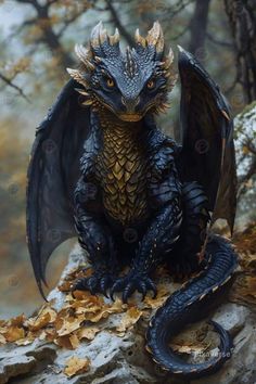 a black dragon sitting on top of a tree branch