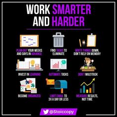 a poster with the words work smarter and harder in purple text on it, along with icons