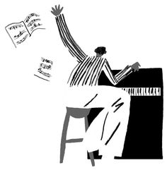 a man sitting at a piano with music notes flying around him