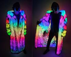 Bring your festival/rave outfit to the next level with the addition of LEDs! Design your custom coat in any length, with your choice of fur and lining. This listing includes installation of fully programmable LED lights and a rechargeable battery pack.  I can install LEDs throughout the entire coat or in select areas, such as the hood, trim, or one half. LEDs show best through white fur, or fur with a white base and colored tips. Some options include long or short plain white fur, short white fu Neon Costume Ideas, Burning Man Festival Outfits, Mary Birthday, Light Up Costumes, Festival Coats, Led Clothing, Edm Fashion, Science Camp, Rave Mask