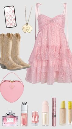 a pink dress and accessories are arranged on a gray background, including boots, lipstick, perfume bottle, purse, wallet, phone case, card holder