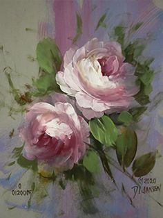 a painting of three pink roses with green leaves