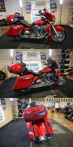 three different views of a red motorcycle on display in a showroom with other motorcycles