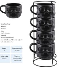 a black skull mug is on display with the price label below it and description details below