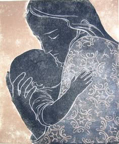 a painting of a woman holding a baby in her arms with an intricate design on it