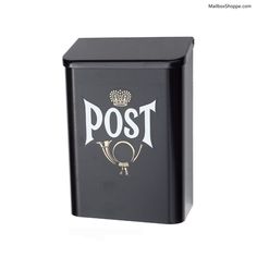 a black box with the word post written on it and a crown in the middle