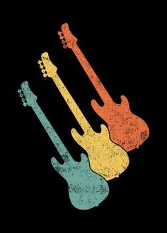 three guitars in different colors on a black background with the words guitar written below them