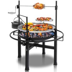 an outdoor grill with various foods on it