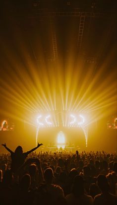 a person standing on top of a stage with their arms up in front of the crowd