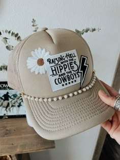 Trucker hat with western patches and style. Punchy western trucker hat. Trucker Hat Trendy, Cute Trucker Hat Outfits, Outfit With Trucker Hat, Trucker Hat Chains Diy, Adjustable Trucker Hat For Festivals, Adjustable Flat Bill Trucker Hat For Festivals, Custom Adjustable Trucker Hat With Flat Brim, Trucker Patch Hats, Hat Patches Design